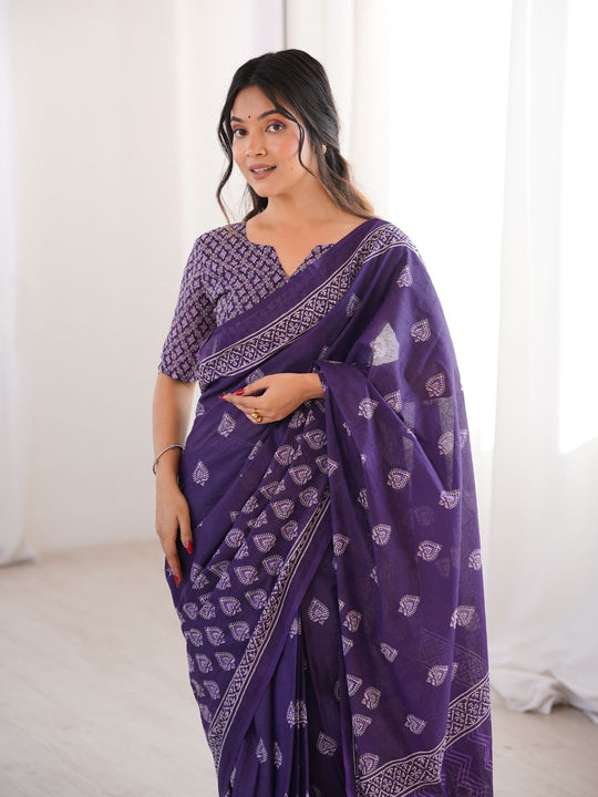 Soft Pure Cotton Hand Bagru Print Sarees With Blouse Pice