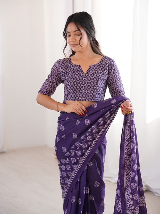 Soft Pure Cotton Hand Bagru Print Sarees With Blouse Pice