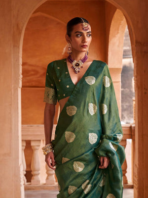 Green Muslin Tissue Fabric With Self Jacquard And Zari Weaving  Work Saree With Blouse Piece