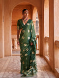 Green Muslin Tissue Fabric With Self Jacquard And Zari Weaving  Work Saree With Blouse Piece