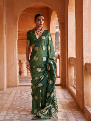 Green Muslin Tissue Fabric With Self Jacquard And Zari Weaving  Work Saree With Blouse Piece