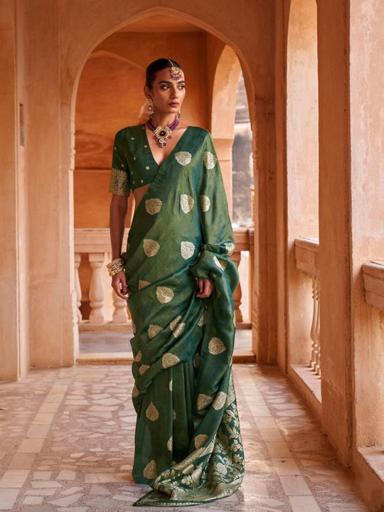 Green Muslin Tissue Fabric With Self Jacquard And Zari Weaving  Work Saree With Blouse Piece