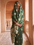 Green Muslin Tissue Fabric With Self Jacquard And Zari Weaving  Work Saree With Blouse Piece