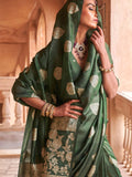 Green Muslin Tissue Fabric With Self Jacquard And Zari Weaving  Work Saree With Blouse Piece
