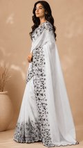 White Printed Saree With Blouse Piece