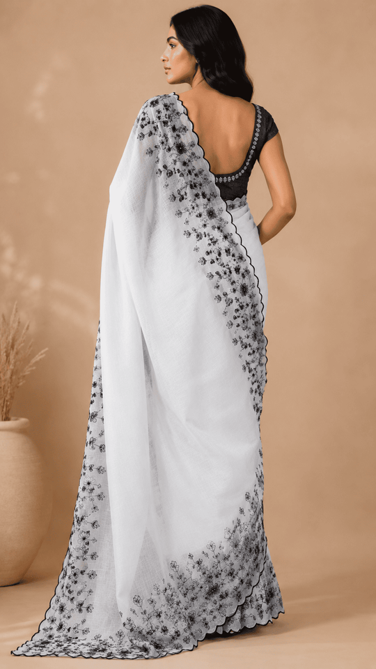 White Printed Saree With Blouse Piece
