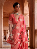 Orange Muslin Tissue Fabric With Self Jacquard And Zari Weaving  Work Saree With Blouse Piece