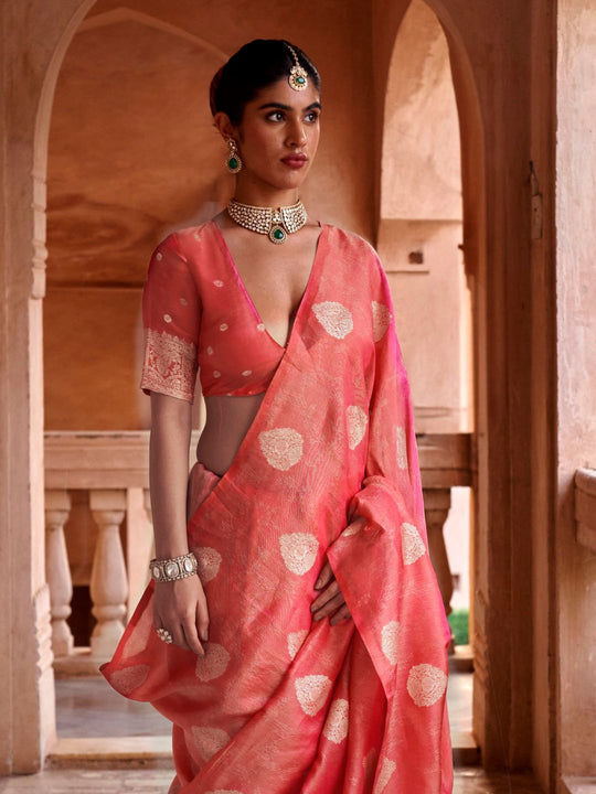 Orange Muslin Tissue Fabric With Self Jacquard And Zari Weaving  Work Saree With Blouse Piece