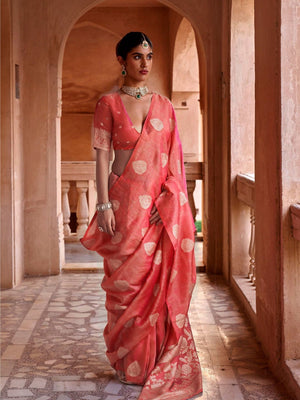 Orange Muslin Tissue Fabric With Self Jacquard And Zari Weaving  Work Saree With Blouse Piece