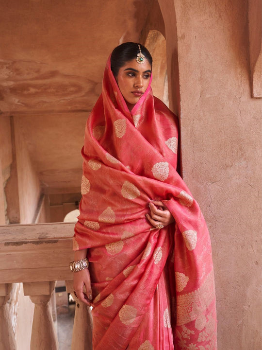 Orange Muslin Tissue Fabric With Self Jacquard And Zari Weaving  Work Saree With Blouse Piece