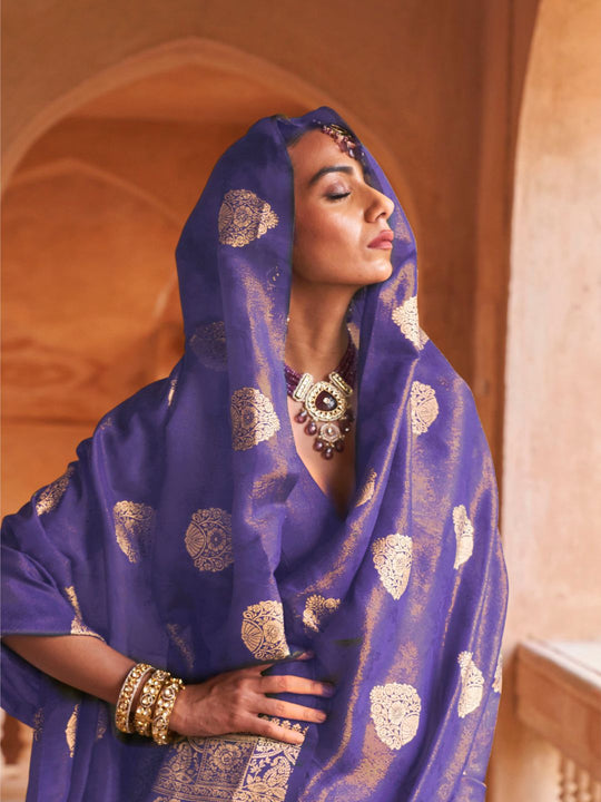Blue Muslin Tissue Fabric With Self Jacquard And Zari Weaving  Work Saree With Blouse Piece