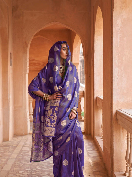 Blue Muslin Tissue Fabric With Self Jacquard And Zari Weaving  Work Saree With Blouse Piece