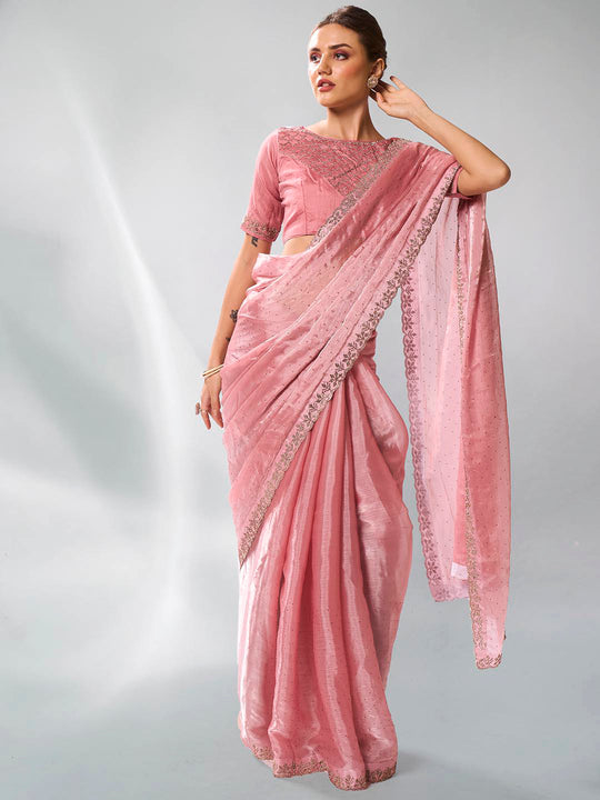 Pink Organza Party Wear Saree With Blouse Piece