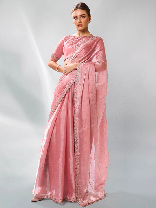 Pink Organza Party Wear Saree With Blouse Piece