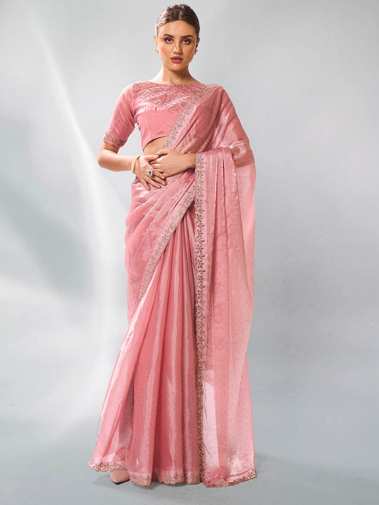 Pink Organza Party Wear Saree With Blouse Piece