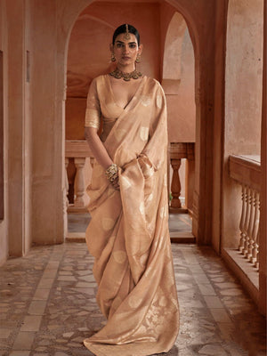 Cream Muslin Tissue Fabric With Self Jacquard And Zari Weaving  Work Saree With Blouse Piece