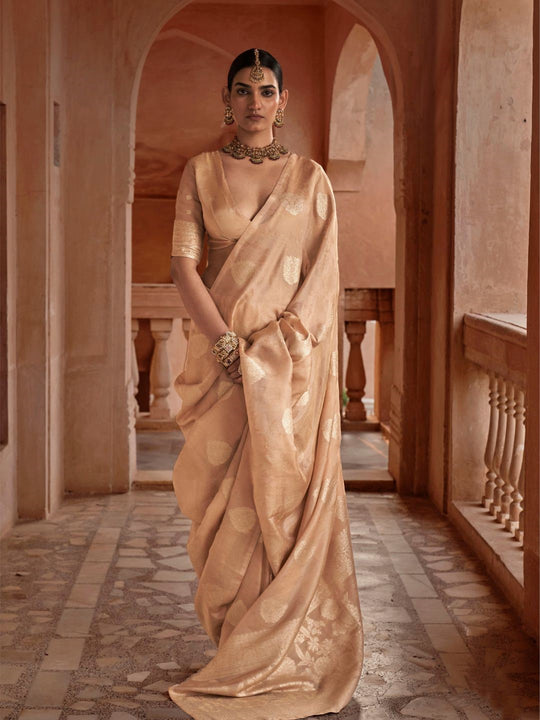 Cream Muslin Tissue Fabric With Self Jacquard And Zari Weaving  Work Saree With Blouse Piece