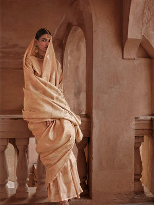 Cream Muslin Tissue Fabric With Self Jacquard And Zari Weaving  Work Saree With Blouse Piece