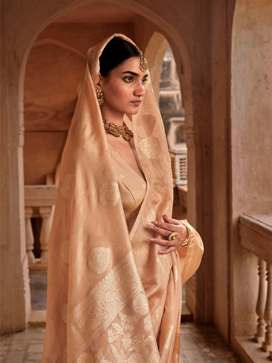 Cream Muslin Tissue Fabric With Self Jacquard And Zari Weaving  Work Saree With Blouse Piece