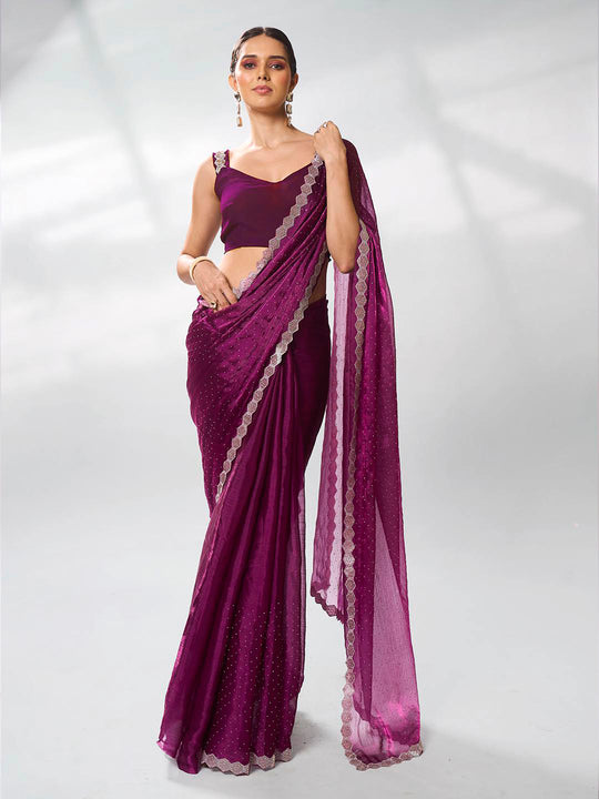 Purple Organza Party Wear Saree With Blouse Piece