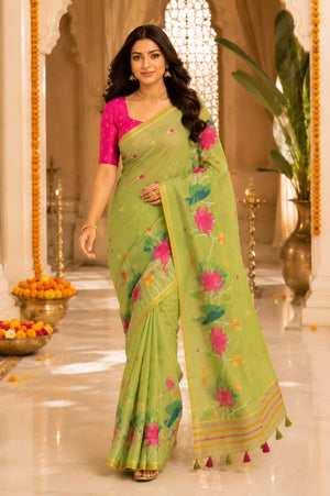 Green Printed Saree With Blouse Piece