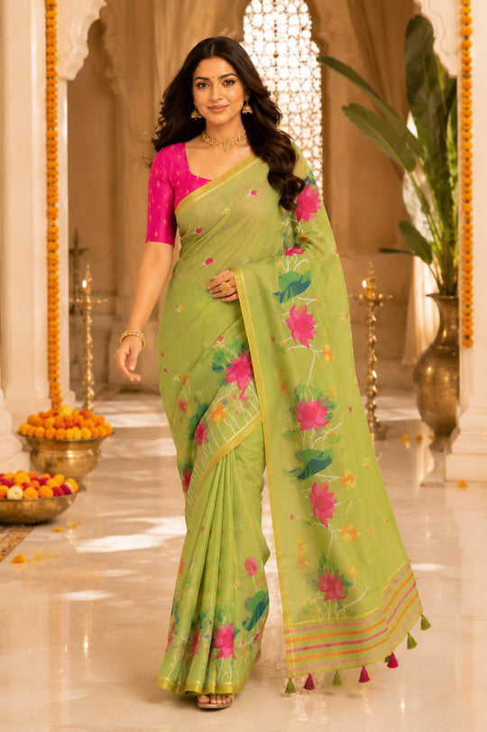 Green Printed Saree With Blouse Piece