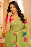 Green Printed Saree With Blouse Piece