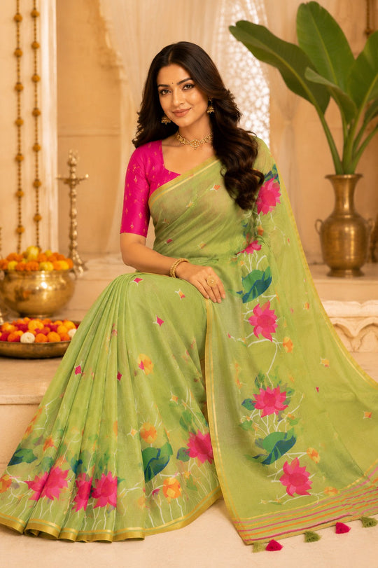 Green Printed Saree With Blouse Piece