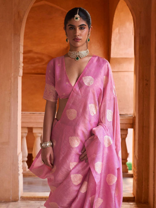 Pink Muslin Tissue Fabric With Self Jacquard And Zari Weaving  Work Saree With Blouse Piece