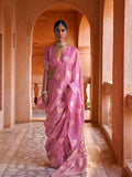 Pink Muslin Tissue Fabric With Self Jacquard And Zari Weaving  Work Saree With Blouse Piece