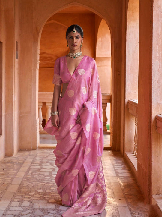 Pink Muslin Tissue Fabric With Self Jacquard And Zari Weaving  Work Saree With Blouse Piece
