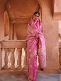 Pink Muslin Tissue Fabric With Self Jacquard And Zari Weaving  Work Saree With Blouse Piece