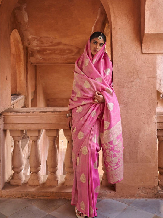Pink Muslin Tissue Fabric With Self Jacquard And Zari Weaving  Work Saree With Blouse Piece