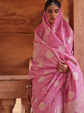 Pink Muslin Tissue Fabric With Self Jacquard And Zari Weaving  Work Saree With Blouse Piece