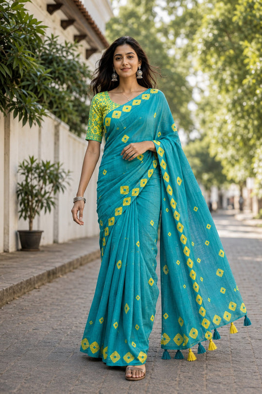 Teal Blue Printed Saree With Blouse Piece
