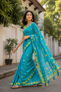 Teal Blue Printed Saree With Blouse Piece