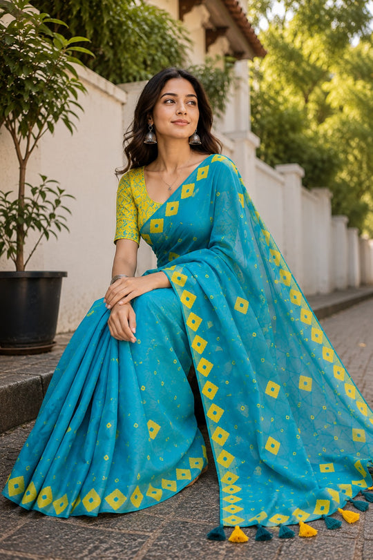 Teal Blue Printed Saree With Blouse Piece