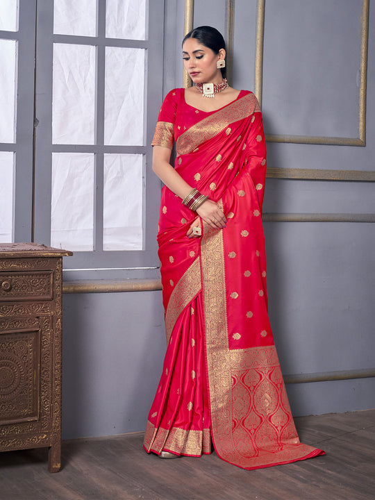 Pink Banarasi Satin Silk Saree With Blouse Piece