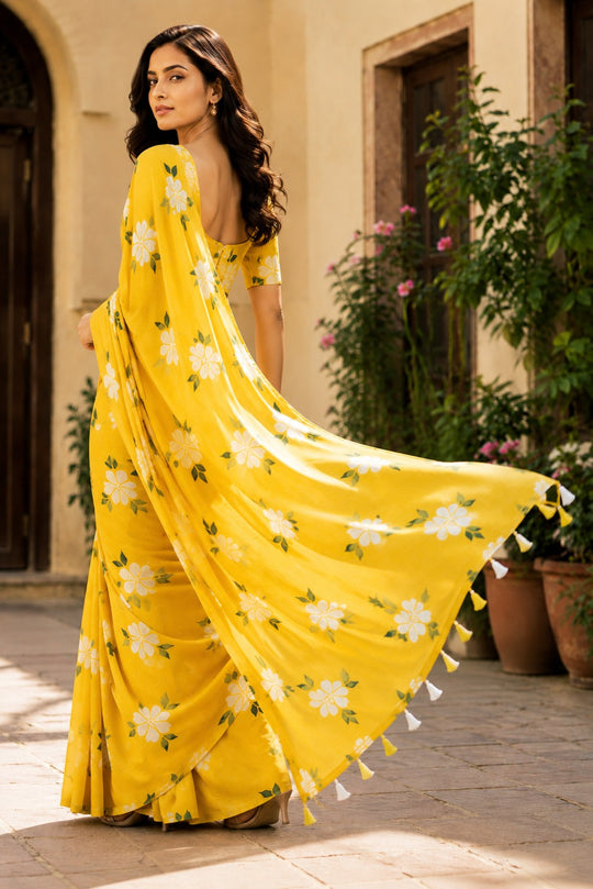 Yellow Printed Saree With Blouse Piece