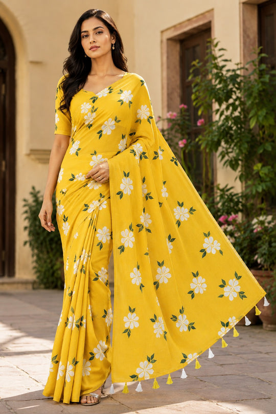 Yellow Printed Saree With Blouse Piece