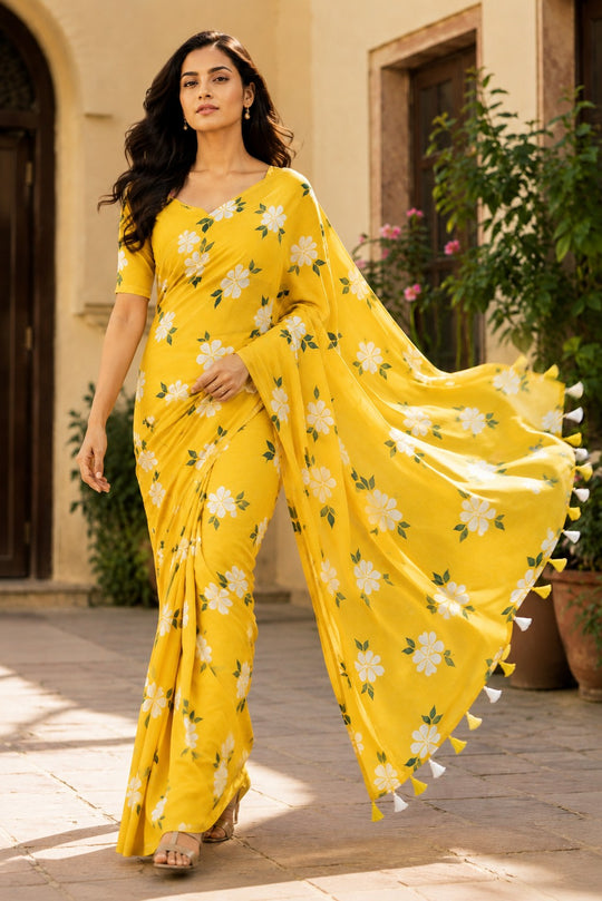 Yellow Printed Saree With Blouse Piece