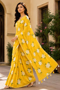Yellow Printed Saree With Blouse Piece