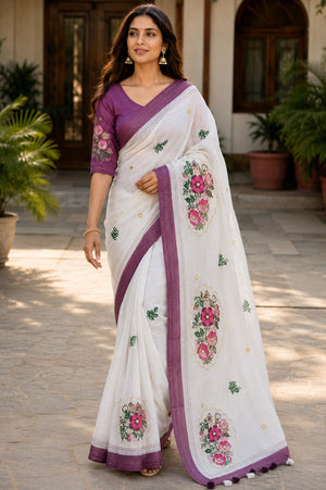 White Printed Saree With Blouse Piece
