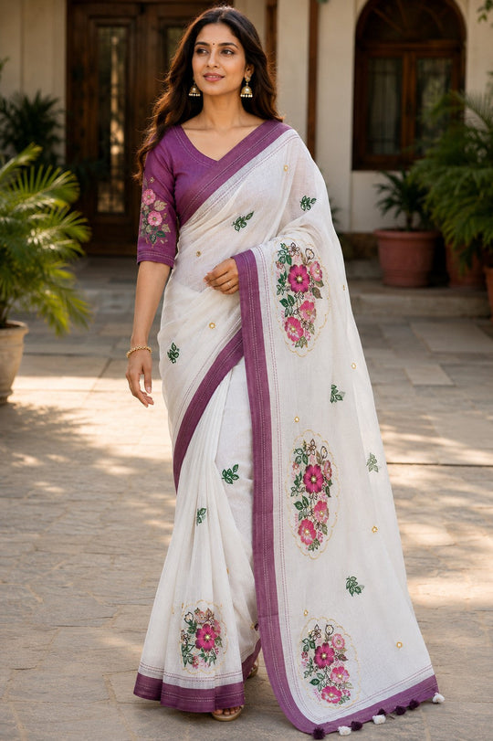 White Printed Saree With Blouse Piece