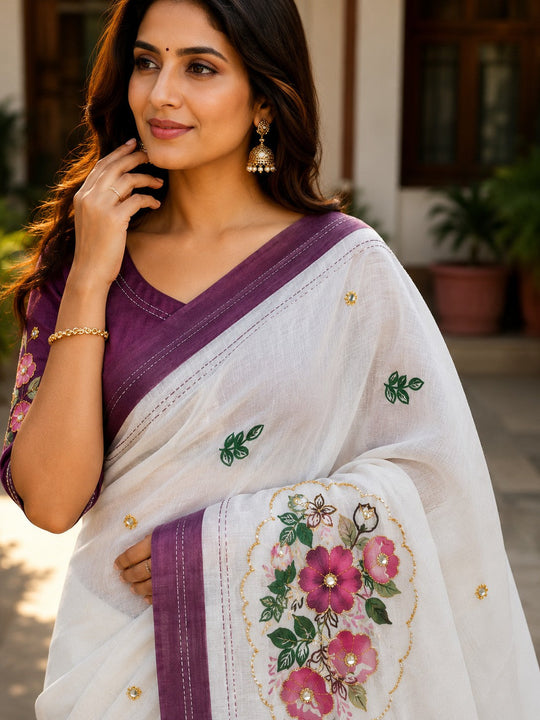 White Printed Saree With Blouse Piece