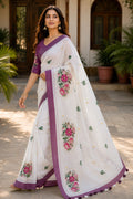 White Printed Saree With Blouse Piece