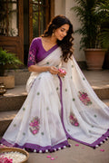 White Printed Saree With Blouse Piece