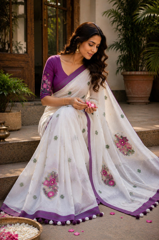 White Printed Saree With Blouse Piece