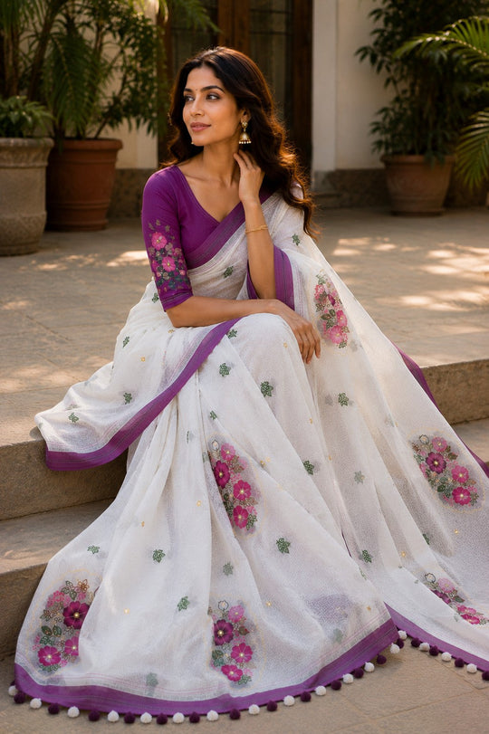 White Printed Saree With Blouse Piece