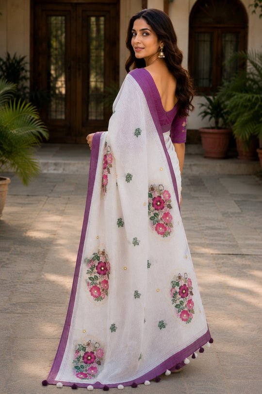 White Printed Saree With Blouse Piece